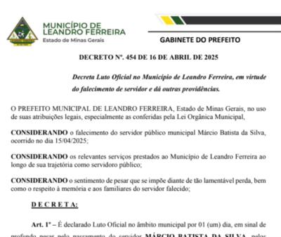 Luto Oficial no Município de Leandro Ferreira, em virtude do falecimento de servidor