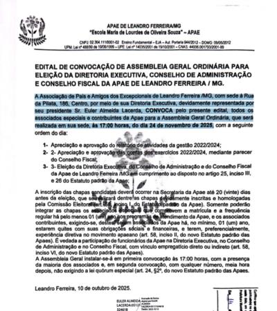 EDITAL DE CONVOCAÇÃO DE ASSEMBLEIA GERAL ORDINÁRIA PARA ELEIÇÃO DA DIRETORIA EXECUTIVA, CONSELHO DE ADMINISTRAÇÃO E CONSELHO FISCAL DA APAE DE LEANDRO FERREIRA / MG.